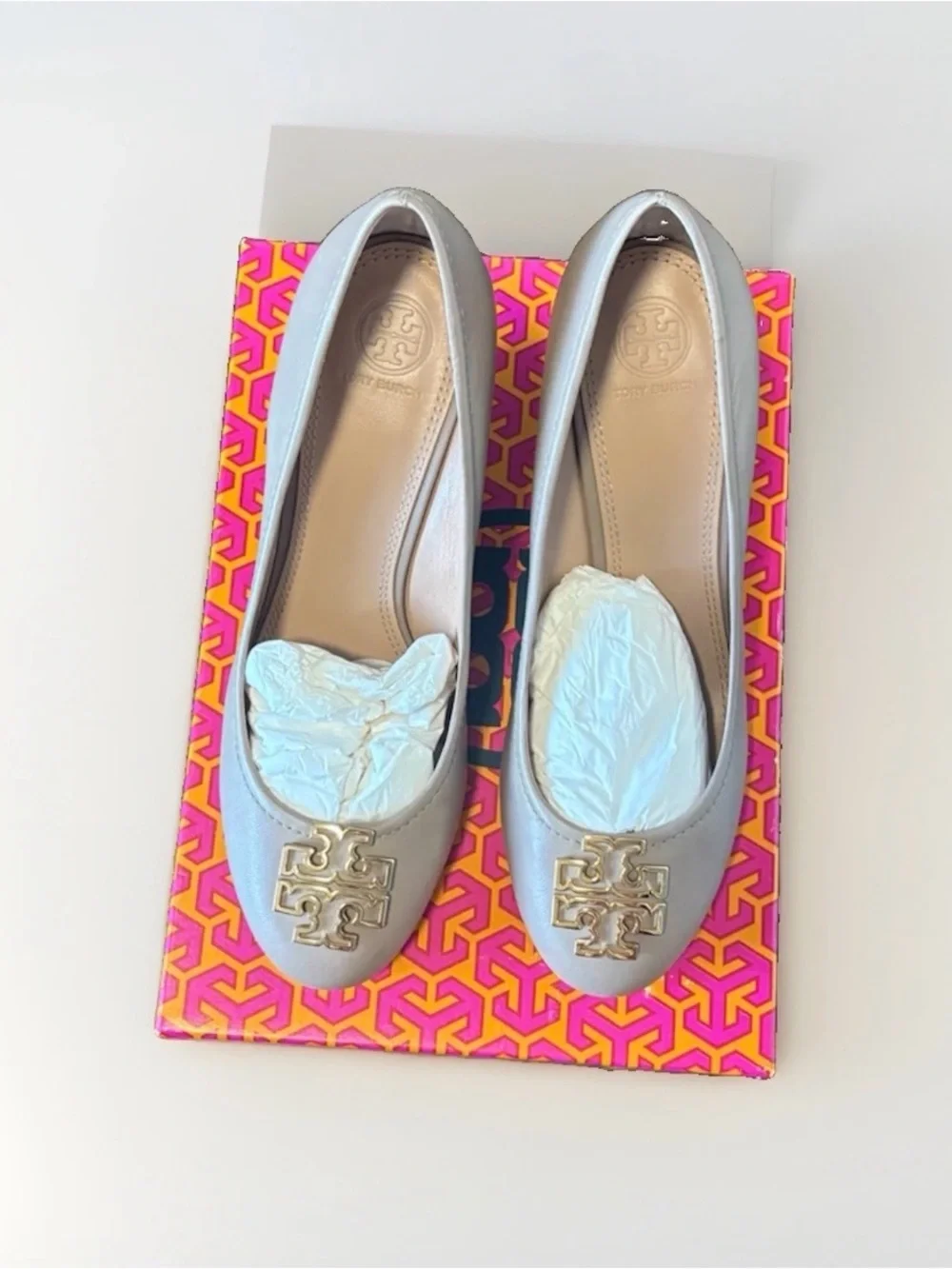 Tory Burch Taupe Leather Wedge Pumps with Gold Logo Accent